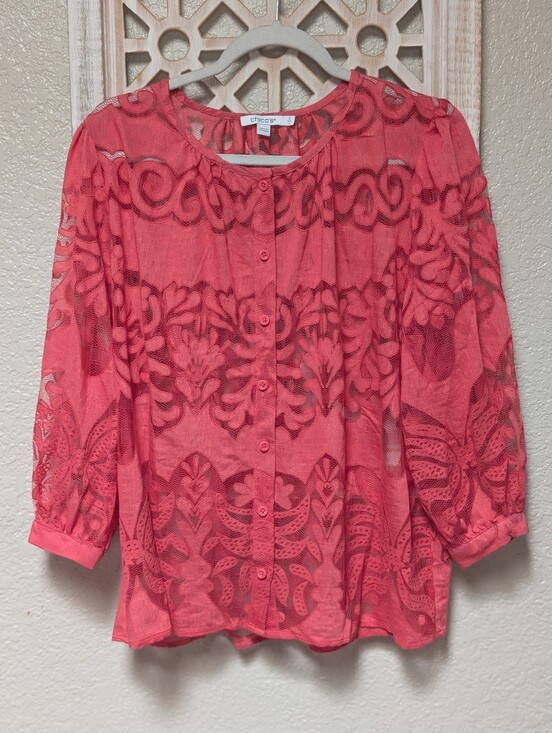 Chico's Tops - Chico's size 2 (US LG) coral pink button up sheer lace blouse dainty feminine